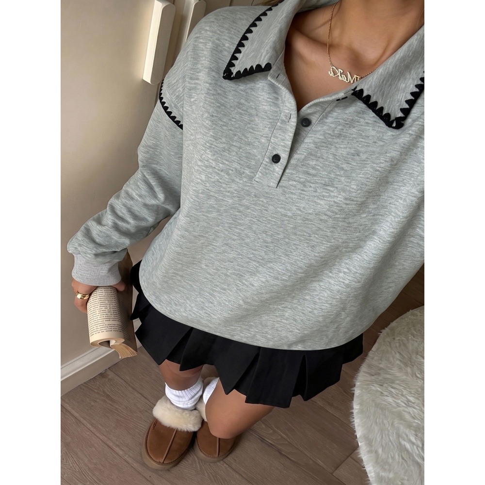 Polo Collar Dropped Shoulder Sweatshirt - Small - Picture 6 of 14